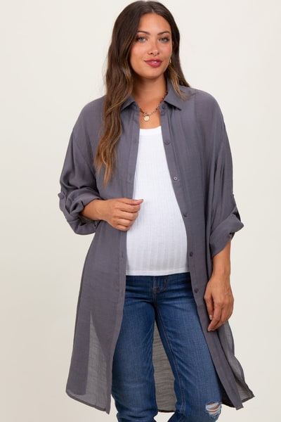 PinkBlush Charcoal Button Front Side Slit Oversized Maternity Blouse