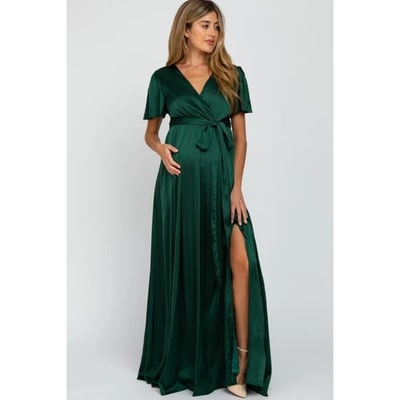 Target PinkBlush Green Side Slit Satin Maternity Maxi Dress Forest Green Medium