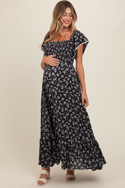 PinkBlush Black Floral Smocked Crochet Trim Maternity Dress