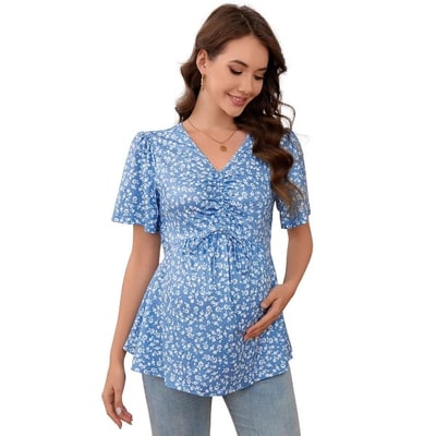 Target Clearlove Pregnancy Top Women's Drawstring Front V Neck Maternity T Shirt Short Sleeve Peplum Blouse Sky Blue Floral Medium