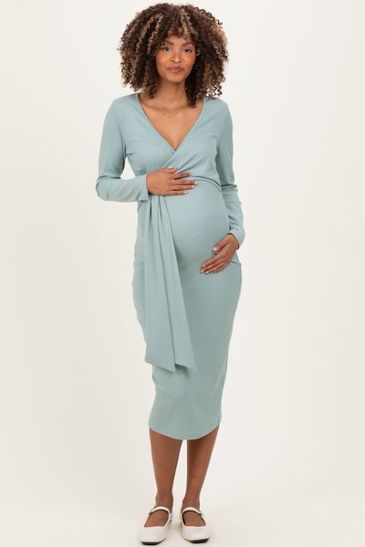 PinkBlush Sage Ribbed Long Sleeve Maternity Wrap Dress