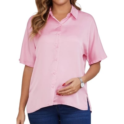 Target INSPIRE CHIC Women's Maternity Blouse Dolman Sleeve Loose Button Down Split Point Collar Short Sleeve Tops Pregnancy Shirts Small Pink