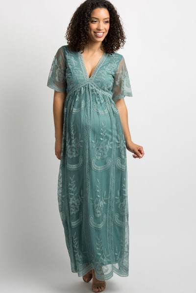 PinkBlush Sage Lace Mesh Overlay Maternity Maxi Dress