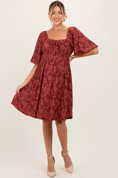 PinkBlush Burgundy Floral Square Neck Maternity Dress