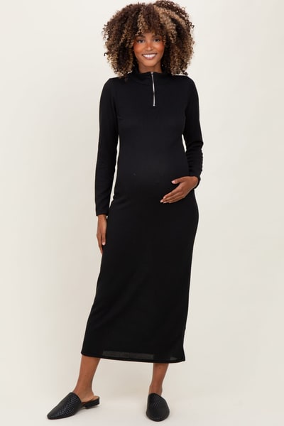 PinkBlush Black Textured Rib Quarter Zip Maternity Maxi Dress