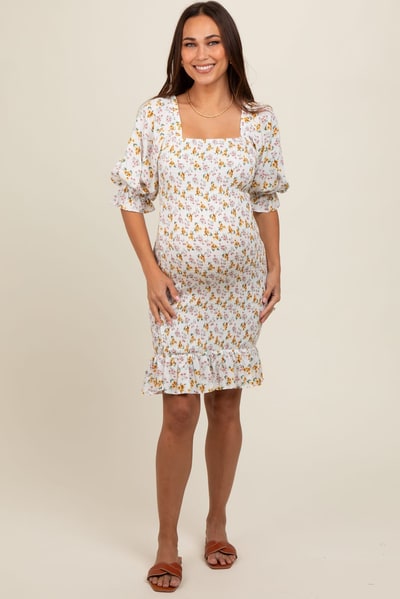 PinkBlush Cream Floral Square Neck Smocked Bodycon Maternity Dress