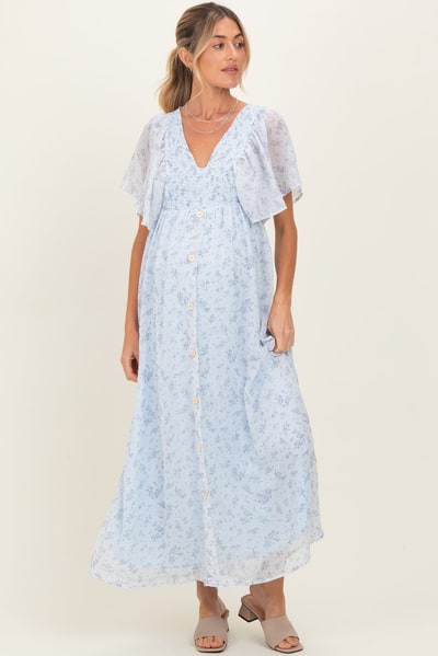 PinkBlush Blue Floral Chiffon Short Sleeve V-Neck Smocked Top Maternity Maxi Dress
