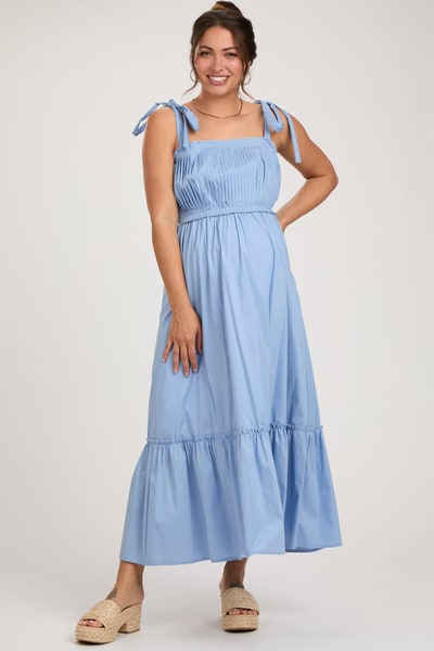 PinkBlush Light Blue Pleated Shoulder Tie Maternity Midi Dress