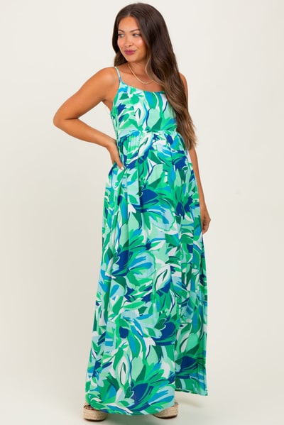 PinkBlush Green Printed Shoulder Tie Maternity Maxi Dress