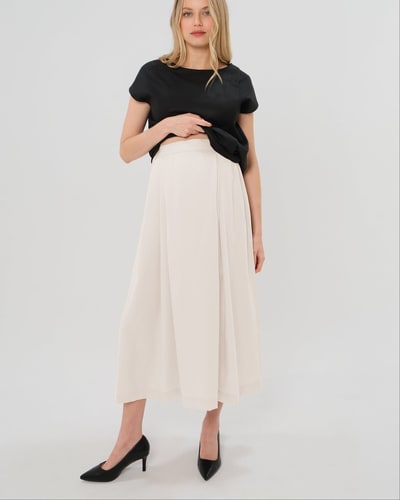MARION Maternity Pleated Maternity Maxi Skirt in Cream Satin | Over/Under Bump