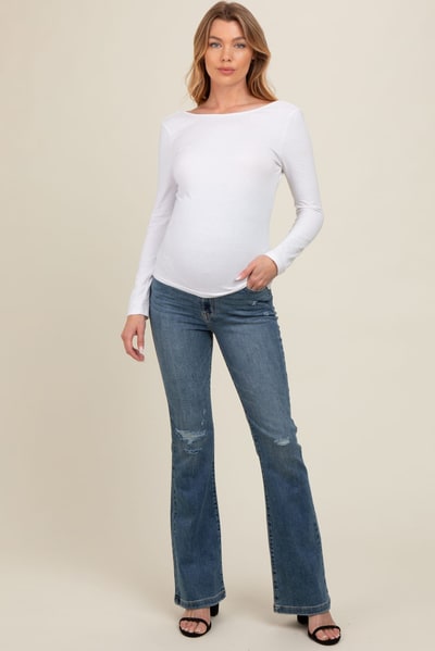 PinkBlush Blue Distressed Knee Flare Leg Maternity Jeans