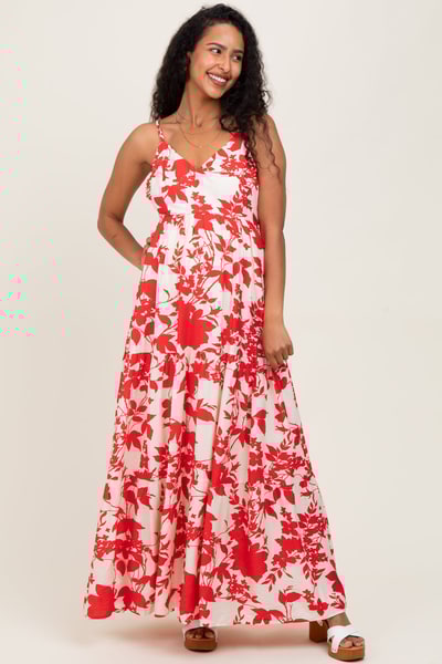 PinkBlush Red Floral Cutout Tie Back Maternity Maxi Dress