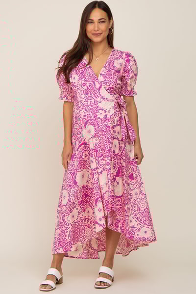PinkBlush Magenta Floral Paisley Wrap Maternity Dress
