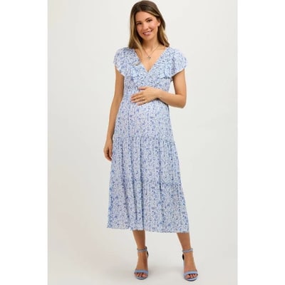 Target PinkBlush Blue Floral Front Ruched Ruffle Shoulder Tiered Maternity Midi Dress Blue Medium