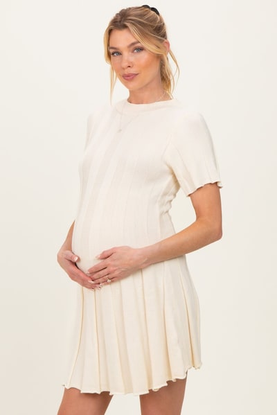 PinkBlush Ivory Wide Rib Knit Short Sleeve Maternity Mini Dress
