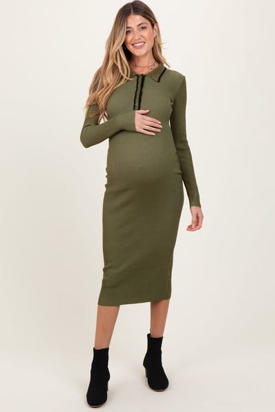 PinkBlush Olive Contrast Trim Ribbed Knit Button Up Maternity Midi Dress