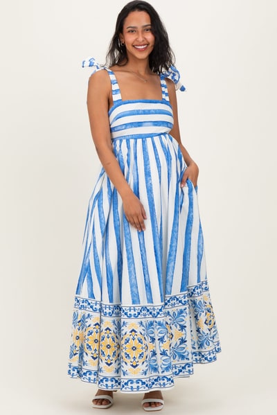 PinkBlush Blue Striped Shoulder Tie Printed Hem Maternity Midi Dress