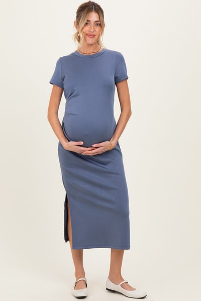 PinkBlush Dark Blue Gathered Waist Maternity Midi Dress