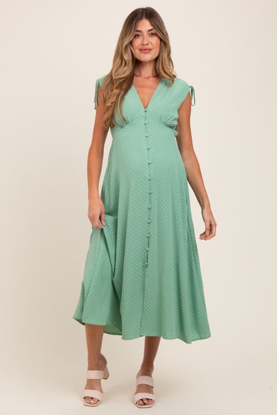 PinkBlush Green Button-Down Polka Dot Shirred Bow Maternity Midi Dress