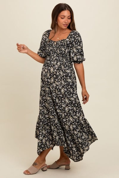 PinkBlush Black Smocked Handkerchief Hem Maternity Dress