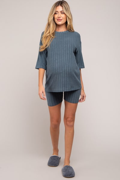 PinkBlush Blue Ribbed Soft Short Sleeve Maternity Shorts Set