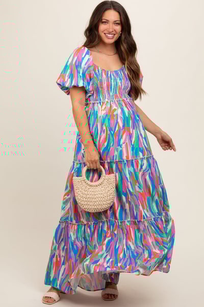 PinkBlush Blue Multi Color Print Puff Sleeve Maternity Maxi Dress