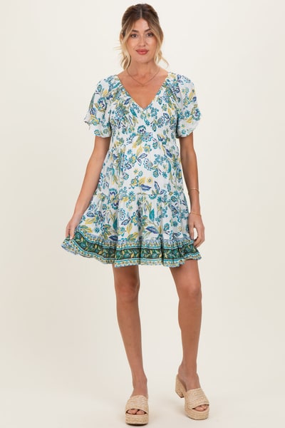 PinkBlush Ivory V Neck Smocked Bodice Short Sleeve Maternity Dress