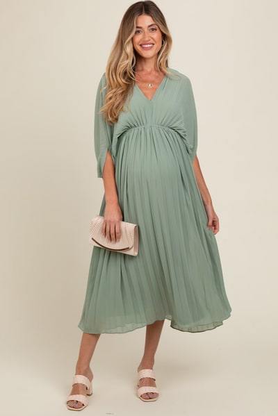 PinkBlush Light Olive Pleated V Neck Maternity Maxi Dress