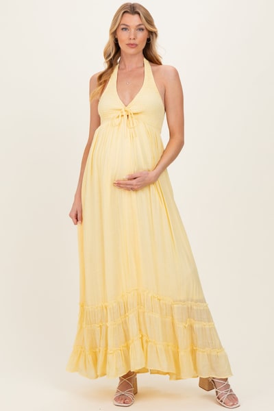 PinkBlush Yellow Halter Neck Smocked Maternity Maxi Dress