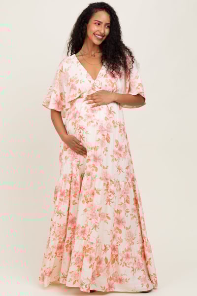 PinkBlush Pink Floral Satin Short Sleeve Deep V-Neck Tiered Maternity Maxi Dress