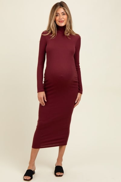 PinkBlush Burgundy Turtle Neck Ribbed Fitted Long Sleeve Maternity Maxi Dress