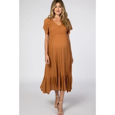 Target Pinkblush Camel Smocked V-Neck Maternity Midi Dress Large