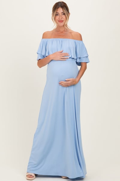 PinkBlush Light Blue Ruffle Off Shoulder Maternity Maxi Dress