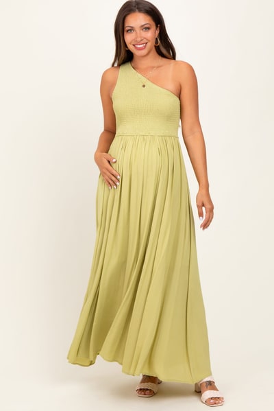 PinkBlush Green Smocked One Shoulder Maternity Maxi Dress