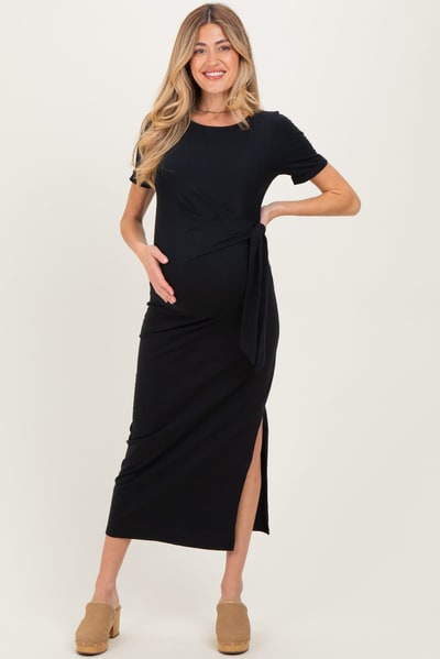 PinkBlush Black Short Sleeve Waist Tie Side Slit Maternity Maxi Dress