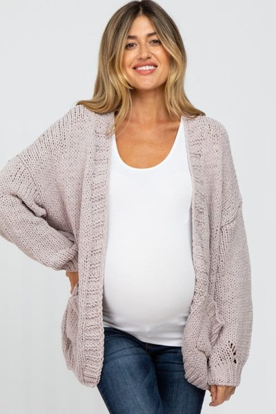 PinkBlush Beige Oversized Bubble Sleeve Maternity Cardigan