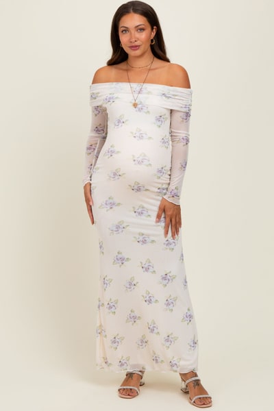 PinkBlush Ivory Floral Mesh Off Shoulder Foldover Maternity Maxi Dress