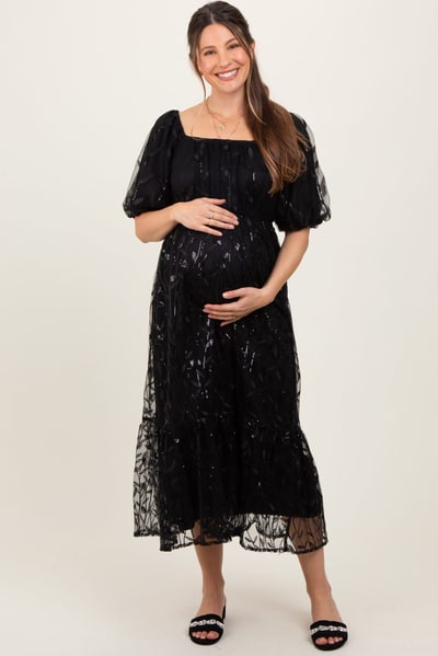 PinkBlush Black Embroidered Sequin Detail Mesh Overlay Maternity Maxi Dress