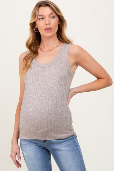 PinkBlush Mocha Melange Ribbed Fitted Maternity Tank Top