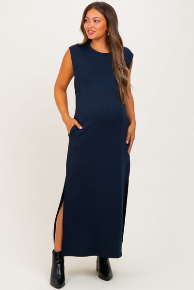 PinkBlush Navy Sleeveless Side Slit Maternity Midi Dress