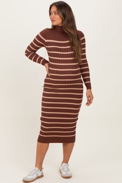 PinkBlush Brown Striped Turtleneck Maternity Midi Sweater Dress