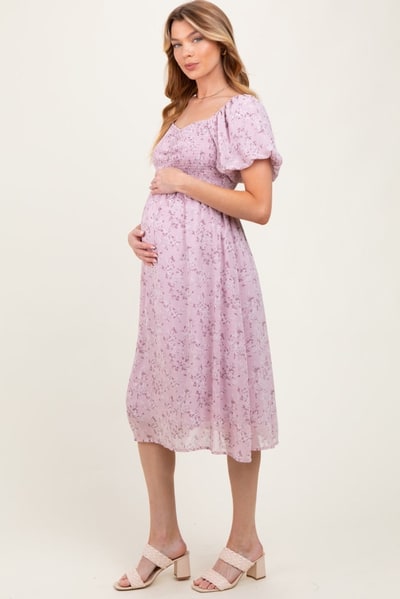 PinkBlush Lavender Floral Smocked Short Sleeve Maternity Midi Dress