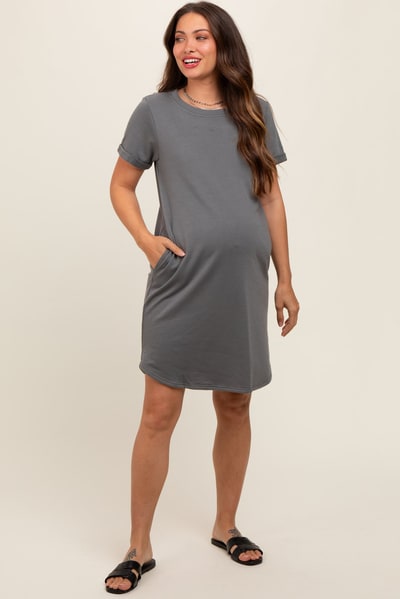 PinkBlush Charcoal French Terry Cuffed Short Sleeve Maternity Dress