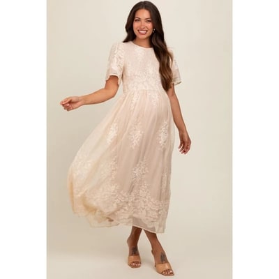 Target Pinkblush Cream Embroidered Smocked Maternity Midi Dress Large