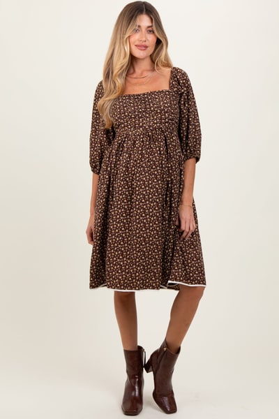 PinkBlush Mocha Floral Pleated Bodice Lace Trim Maternity Midi Dress