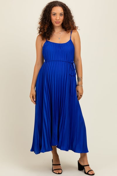 PinkBlush Royal Blue Pleated Sash Tie Maternity Midi Dress