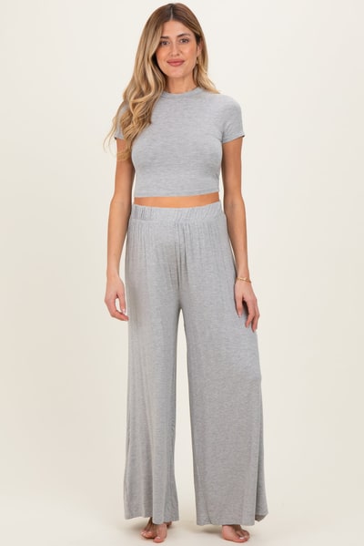 PinkBlush Heather Grey Short Sleeve Crop Top Wide Leg Pant Maternity Set