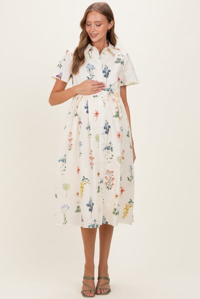 PinkBlush Ivory Floral Button Down Maternity Midi Dress