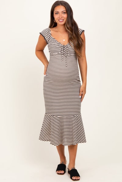 PinkBlush Beige Striped Front Tie Lace Trim Fitted Maternity Midi Dress