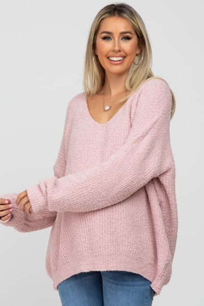 PinkBlush Light Pink V-Neck Soft Maternity Sweater